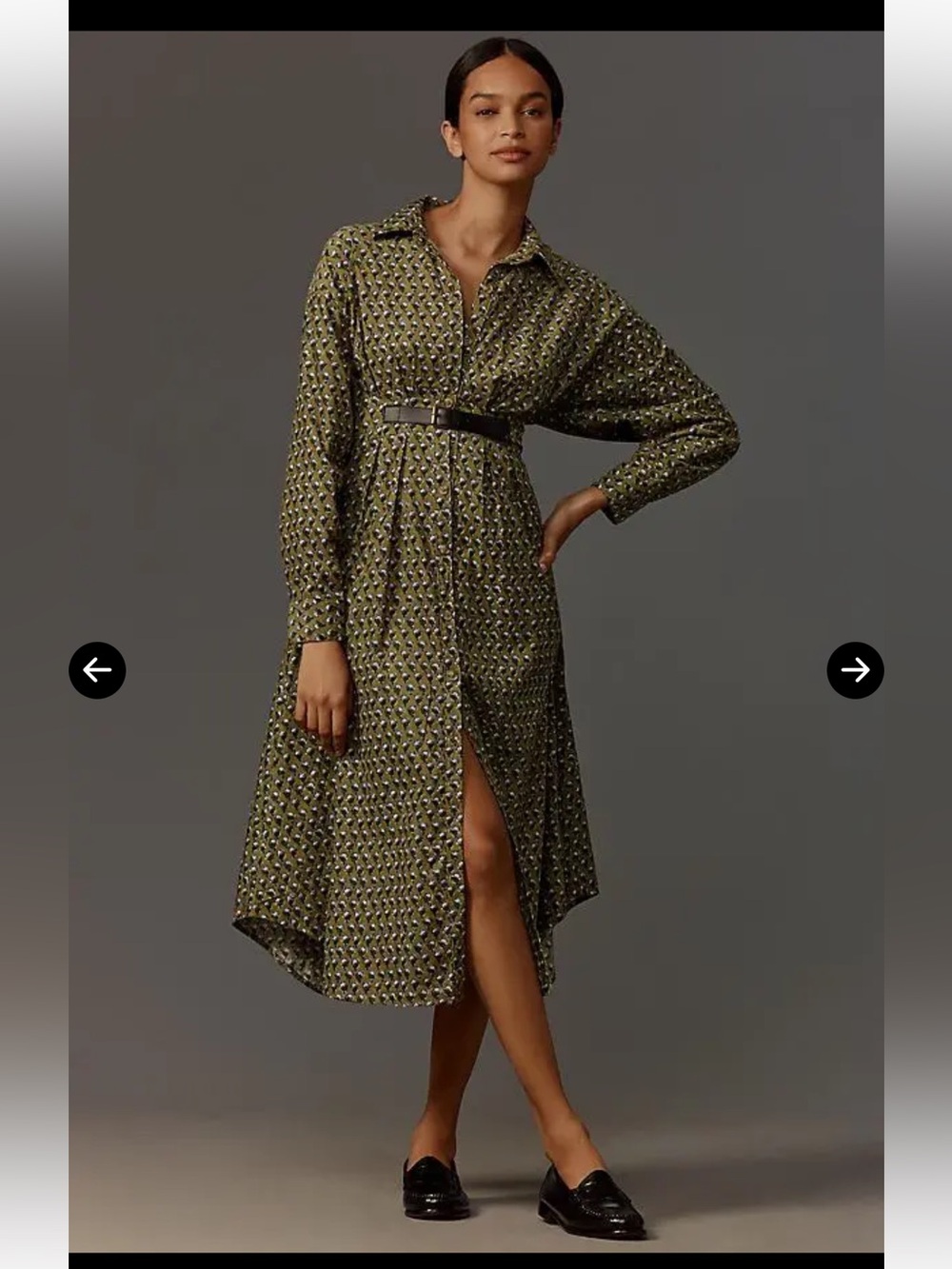 Anthropologie Green Floral Belted Corduroy Midi Shirt Dress, SZ 4
